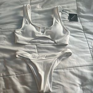 Zaful 2 Piece White Ribbed Cut Out Bikini Set